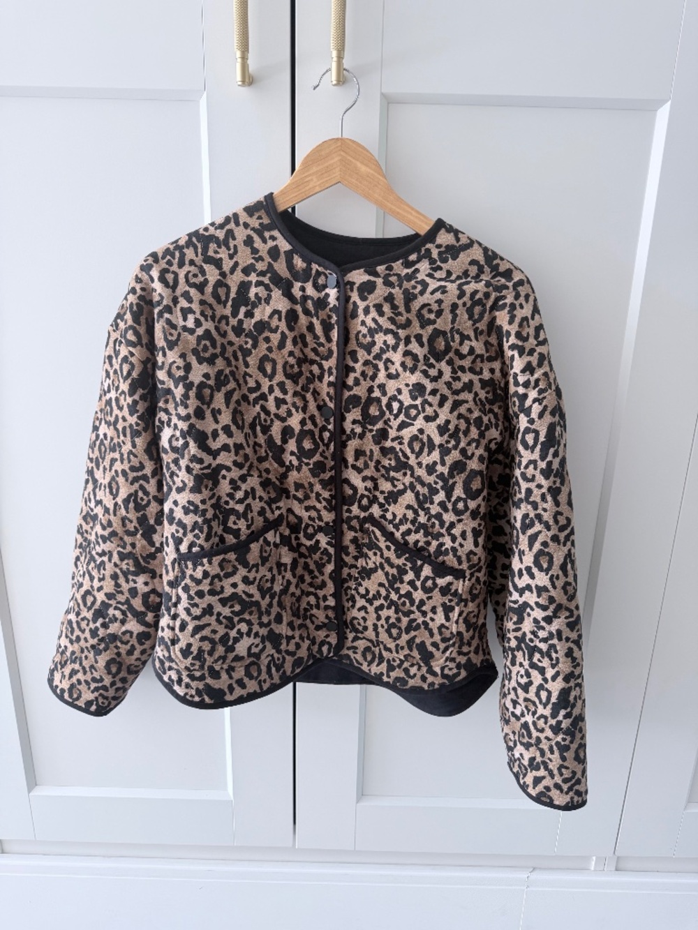 Zara Leopard Print Quilted Collarless Jacket Black Trim Size S